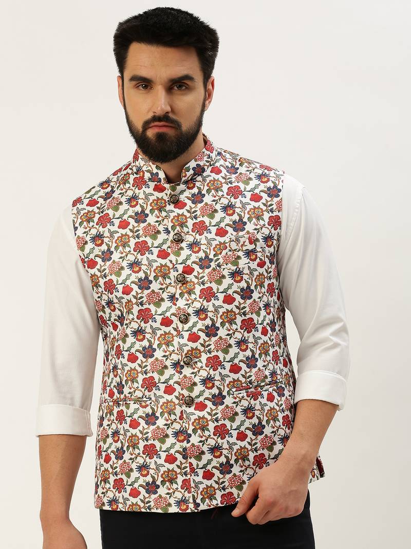 SHOWOFF Men's Printed Mandarin Collar White Nehru Jacket