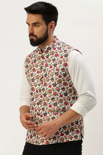 SHOWOFF Men's Printed Mandarin Collar White Nehru Jacket