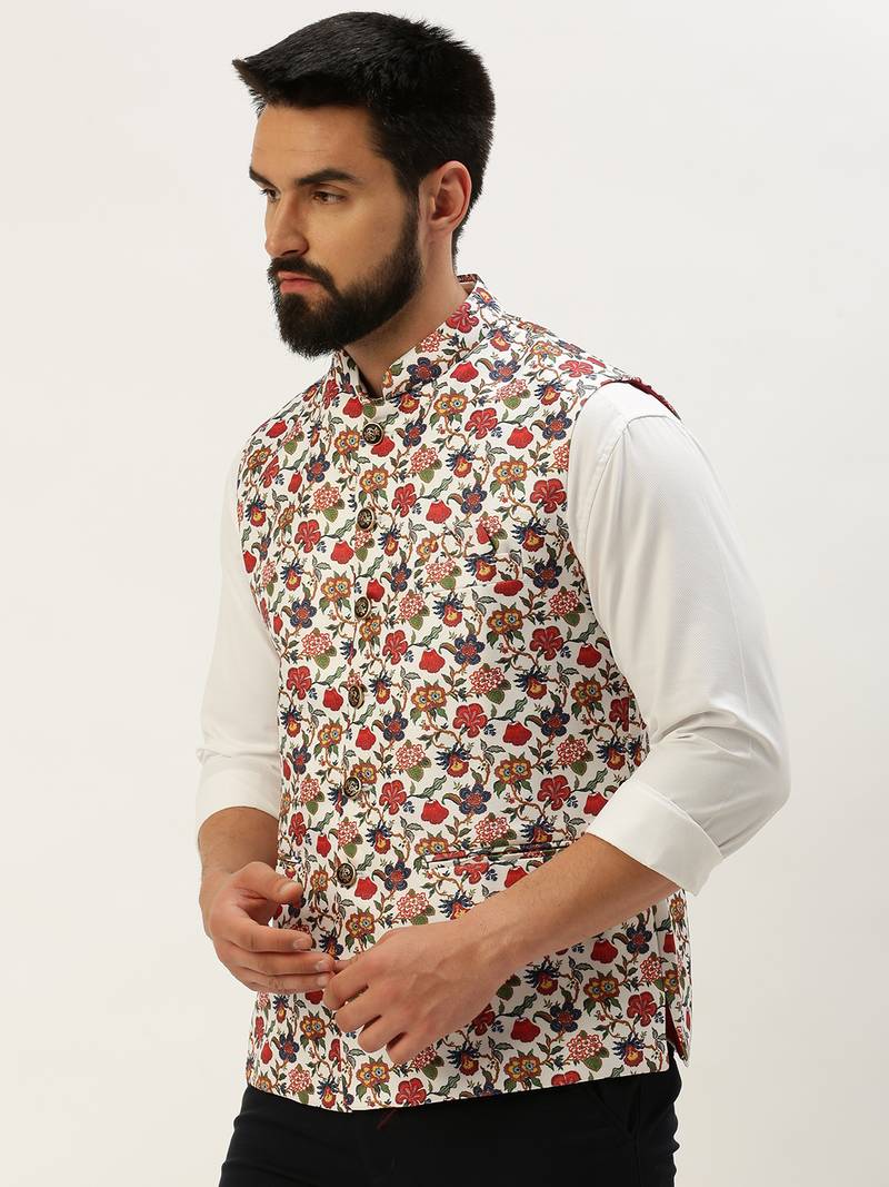 SHOWOFF Men's Printed Mandarin Collar White Nehru Jacket