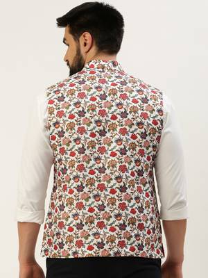 SHOWOFF Men's Printed Mandarin Collar White Nehru Jacket 4