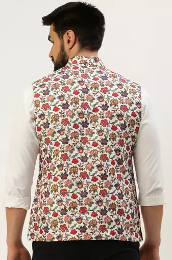 SHOWOFF Men's Printed Mandarin Collar White Nehru Jacket