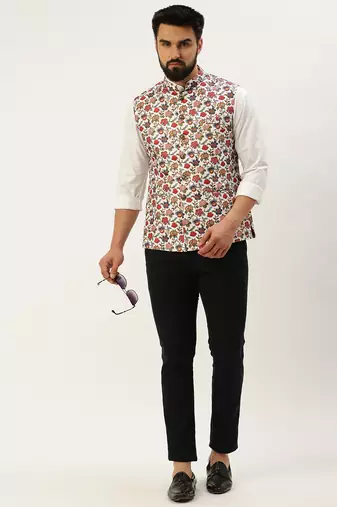 SHOWOFF Men's Printed Mandarin Collar White Nehru Jacket