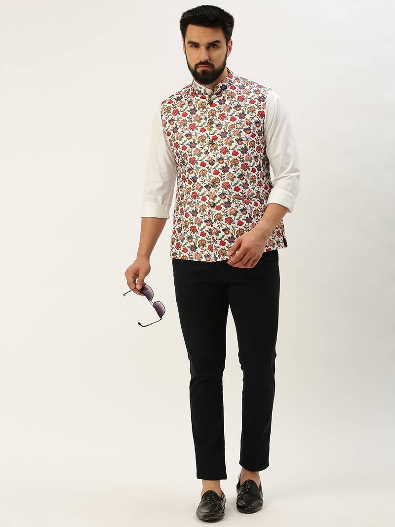 SHOWOFF Men's Printed Mandarin Collar White Nehru Jacket
