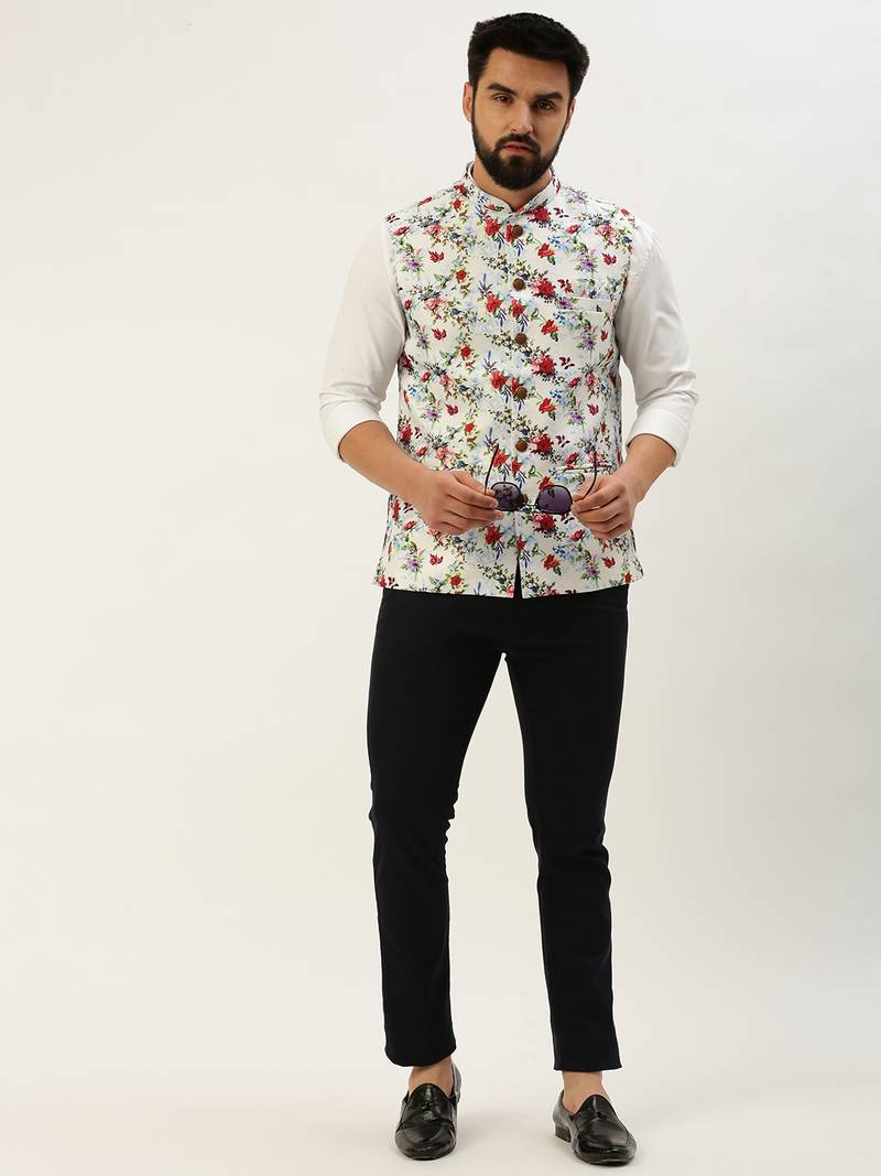 SHOWOFF Men's Printed Mandarin Collar Multi Nehru Jacket