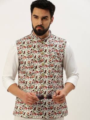 Men's Printed Mandarin Collar White Nehru Jacket 1