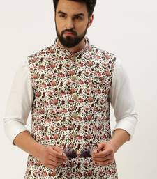 Men's Printed Mandarin Collar White Nehru Jacket