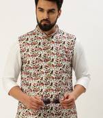 Men's Printed Mandarin Collar White Nehru Jacket
