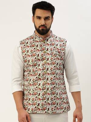 Men's Printed Mandarin Collar White Nehru Jacket 2