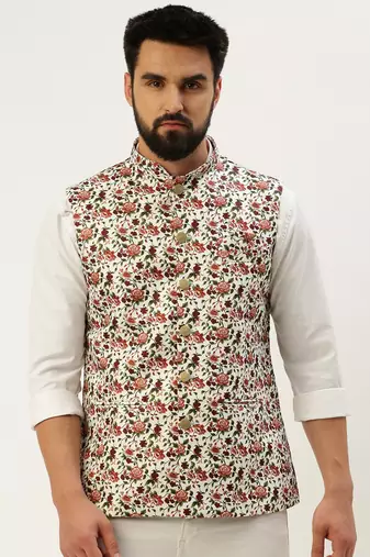 Men's Printed Mandarin Collar White Nehru Jacket