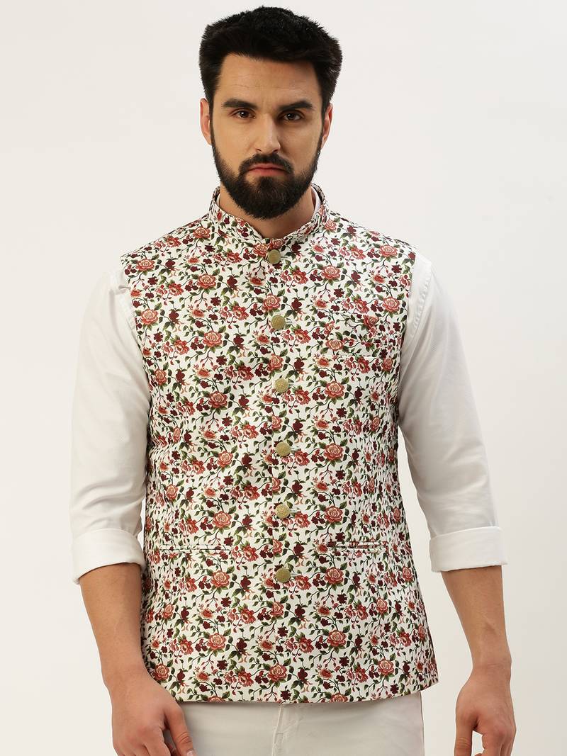 Men's Printed Mandarin Collar White Nehru Jacket