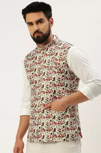 Men's Printed Mandarin Collar White Nehru Jacket