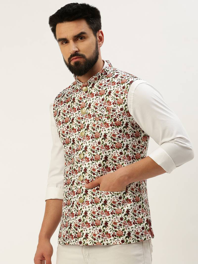 Men's Printed Mandarin Collar White Nehru Jacket