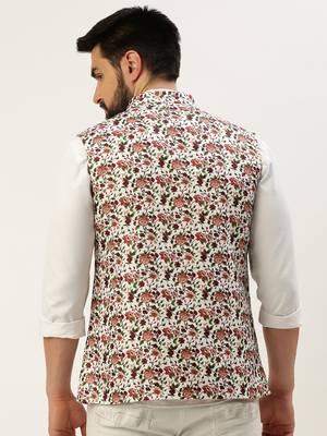 Men's Printed Mandarin Collar White Nehru Jacket 4
