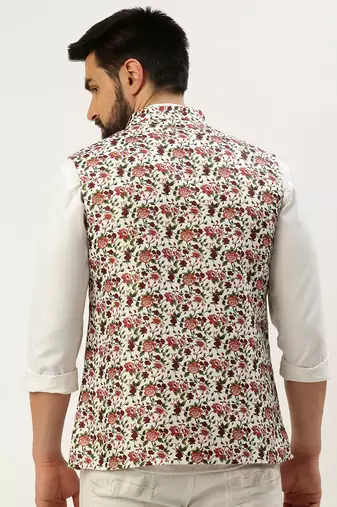 Men's Printed Mandarin Collar White Nehru Jacket