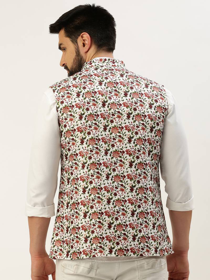 Men's Printed Mandarin Collar White Nehru Jacket