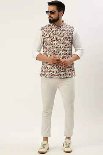 Men's Printed Mandarin Collar White Nehru Jacket