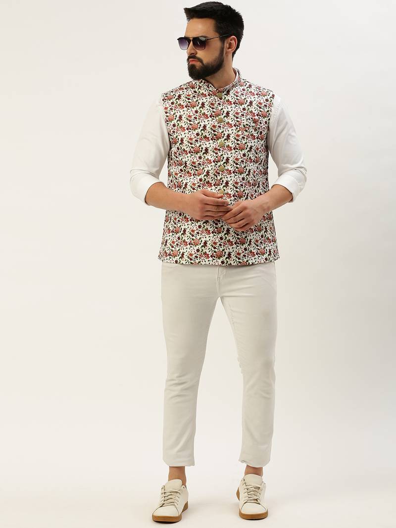 Men's Printed Mandarin Collar White Nehru Jacket