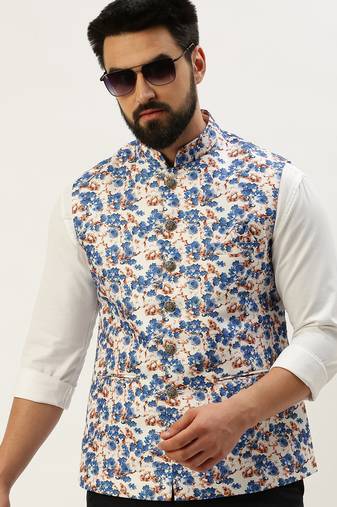 Men's Printed Mandarin Collar Blue Nehru Jacket