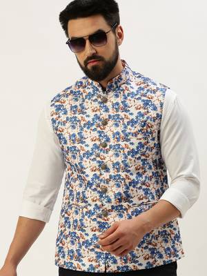 Men's Printed Mandarin Collar Blue Nehru Jacket 1