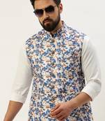 Men's Printed Mandarin Collar Blue Nehru Jacket