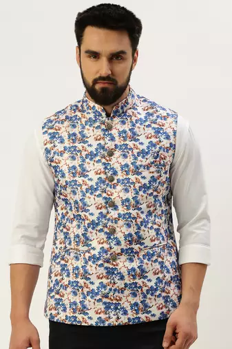 Men's Printed Mandarin Collar Blue Nehru Jacket