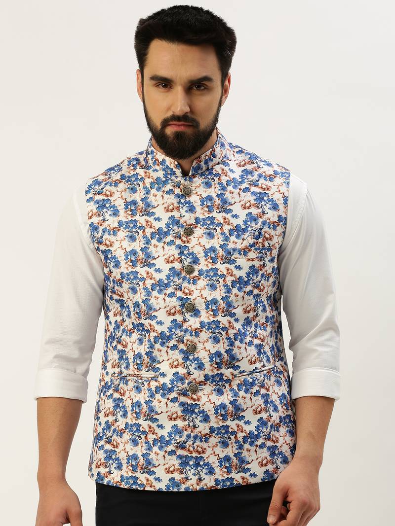 Men's Printed Mandarin Collar Blue Nehru Jacket