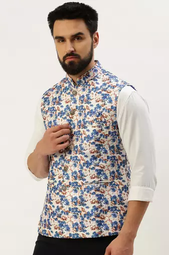 Men's Printed Mandarin Collar Blue Nehru Jacket