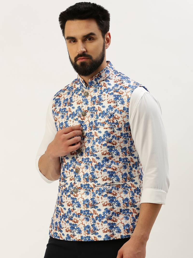 Men's Printed Mandarin Collar Blue Nehru Jacket