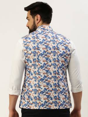 Men's Printed Mandarin Collar Blue Nehru Jacket 4
