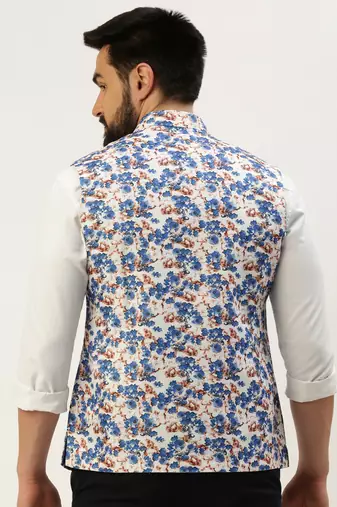 Men's Printed Mandarin Collar Blue Nehru Jacket