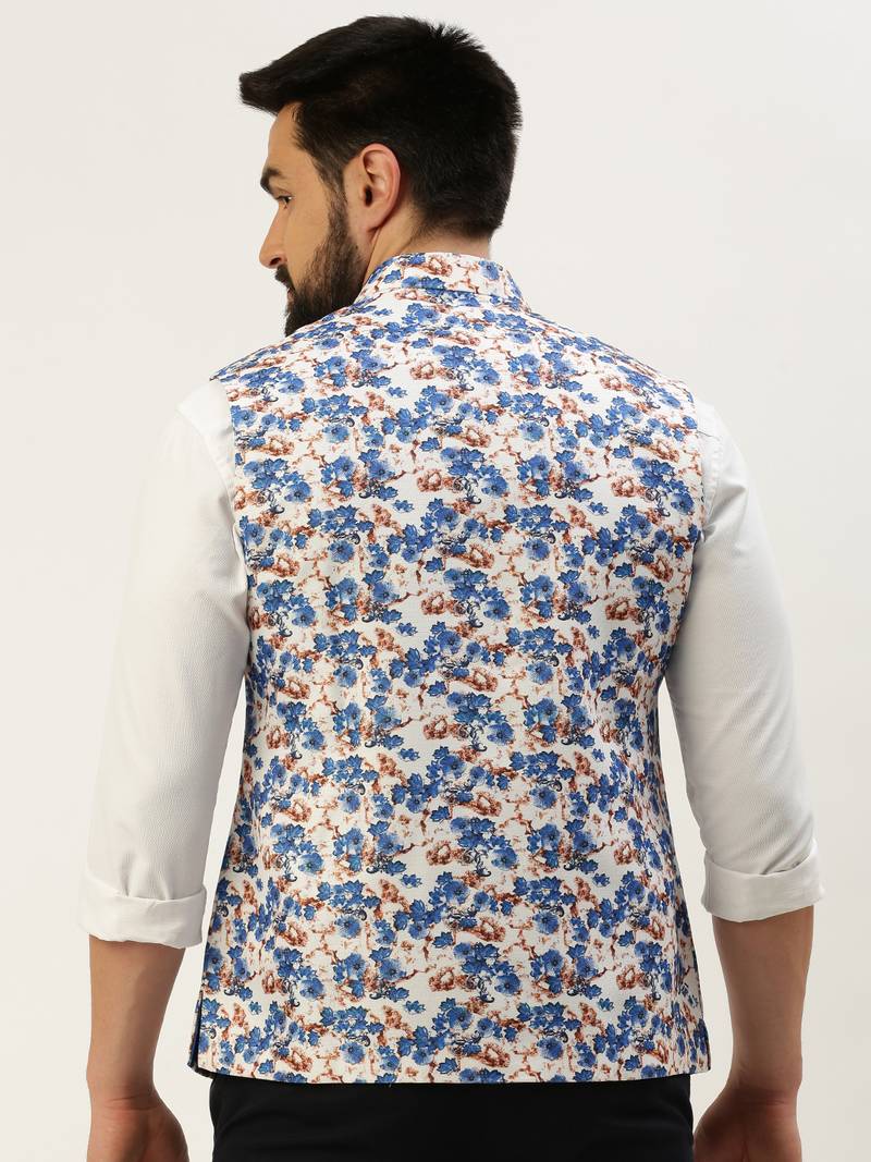 Men's Printed Mandarin Collar Blue Nehru Jacket