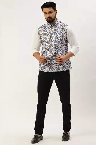 Men's Printed Mandarin Collar Blue Nehru Jacket