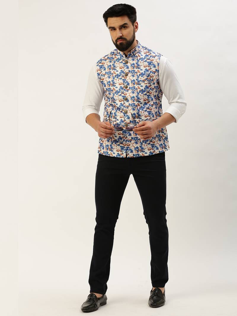 Men's Printed Mandarin Collar Blue Nehru Jacket