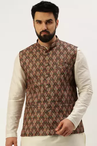 Men's Printed Mandarin Collar Multi Nehru Jacket