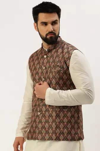Men's Printed Mandarin Collar Multi Nehru Jacket
