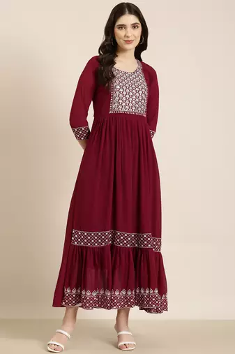 women's ankle length round neck magenta solid anarkali kurta