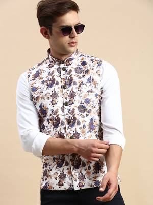 SHOWOFF Men's Printed Mandarin Collar White Nehru Jacket 1