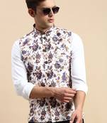 SHOWOFF Men's Printed Mandarin Collar White Nehru Jacket