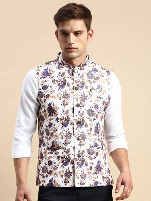 SHOWOFF Men's Printed Mandarin Collar White Nehru Jacket 2