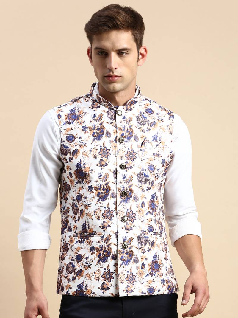 SHOWOFF Men's Printed Mandarin Collar White Nehru Jacket