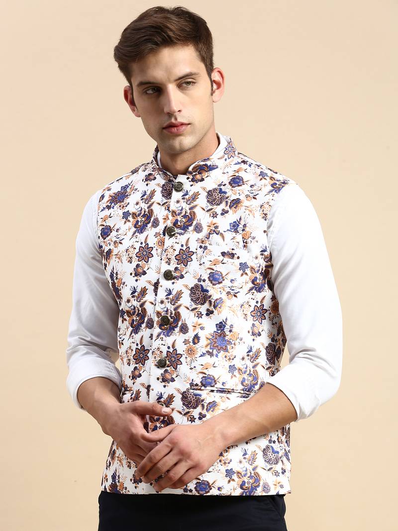 SHOWOFF Men's Printed Mandarin Collar White Nehru Jacket