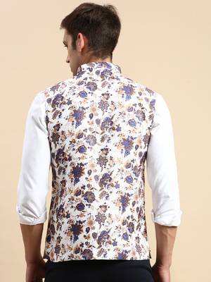 SHOWOFF Men's Printed Mandarin Collar White Nehru Jacket 4
