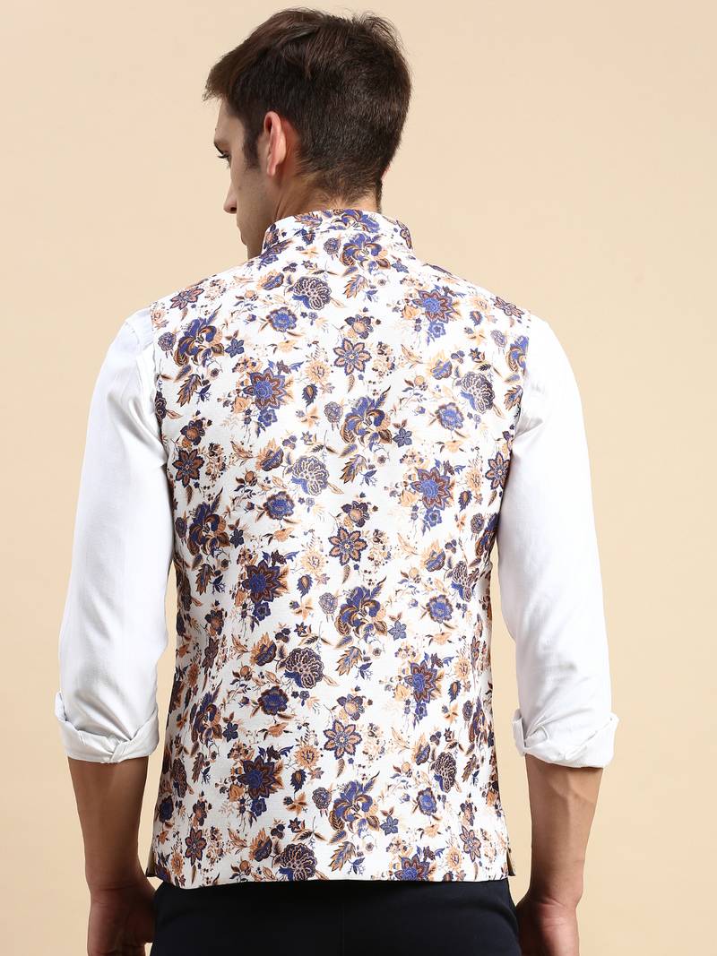 SHOWOFF Men's Printed Mandarin Collar White Nehru Jacket