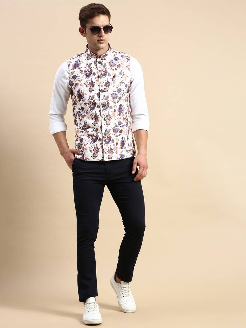 SHOWOFF Men's Printed Mandarin Collar White Nehru Jacket
