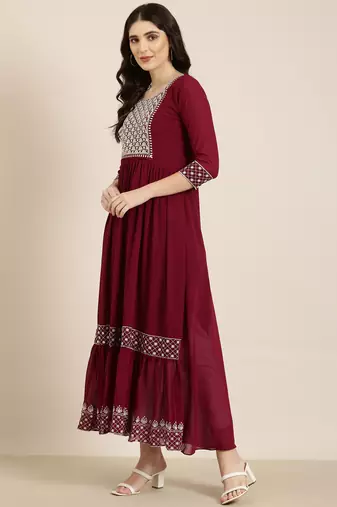 women's ankle length round neck magenta solid anarkali kurta