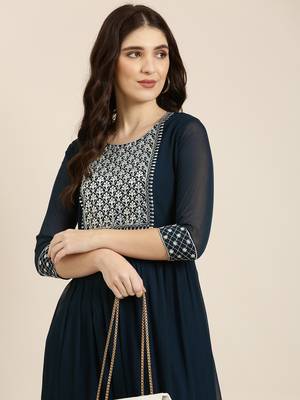 women's ankle length round neck teal solid anarkali kurta 1