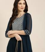 women's ankle length round neck teal solid anarkali kurta