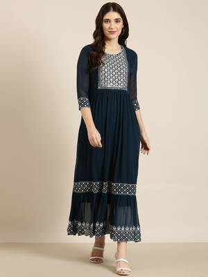 women's ankle length round neck teal solid anarkali kurta 2