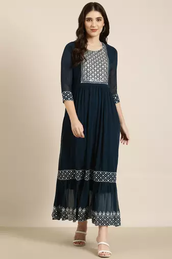 women's ankle length round neck teal solid anarkali kurta