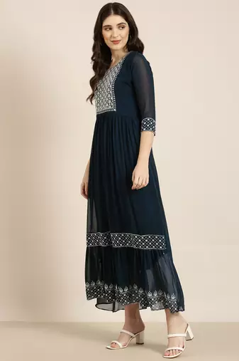 women's ankle length round neck teal solid anarkali kurta